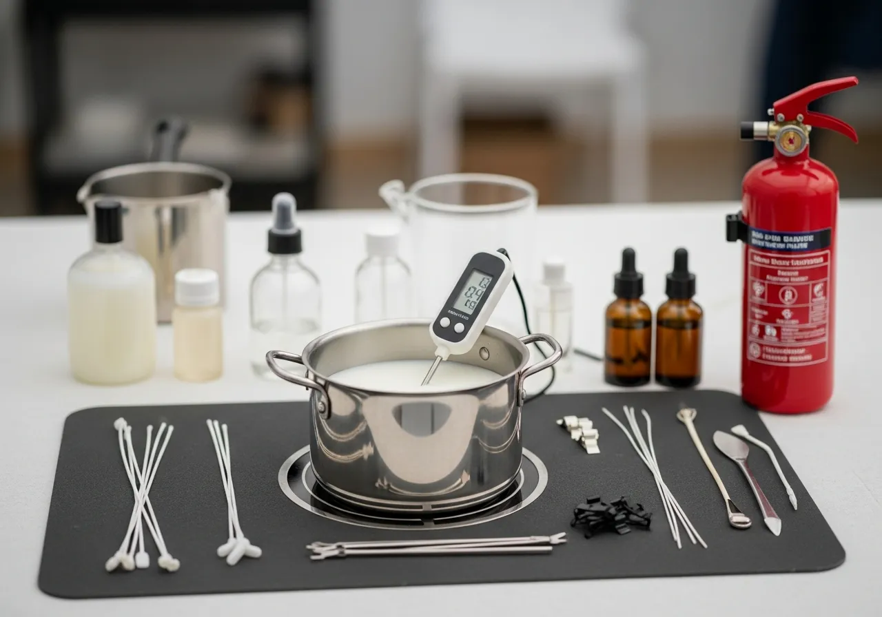 Veiligheidsuitrusting voor kaarsen maken inclusief thermometer en brandblusser